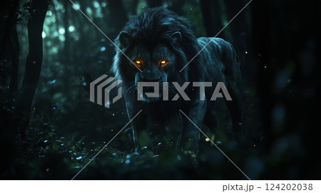 A majestic lion with glowing eyes stands in a dark, mystical forest setting 124202038