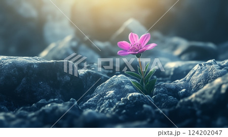 A small pink flower growing out of some rocks 124202047
