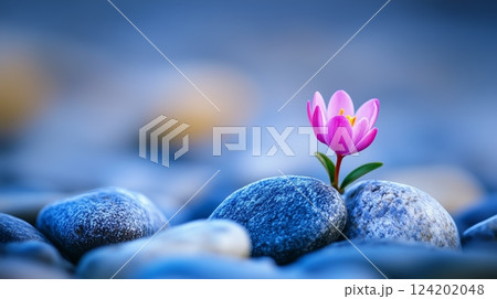 A small pink flower growing out of some rocks 124202048