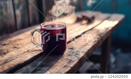 A steaming mug of mulled wine on a rustic bench 124202050