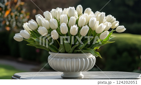 A white vase filled with white tulips sitting on top of a table 124202051