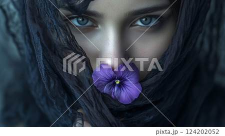 A woman wearing a black veil with a purple flower 124202052