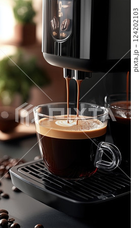 close up of Automatic coffee machine pouring espresso 124202103