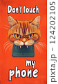 "Don't touch my phone" in bold, blocky letters with an angry cat face hissing above it, isolated on an orange background 124202105