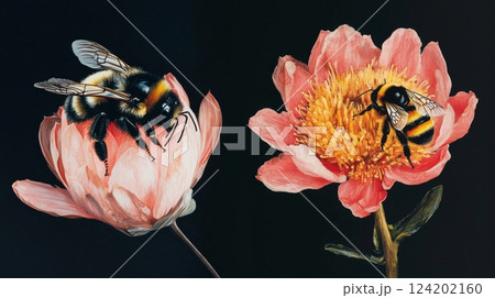 A bee on a pink flower with a black background 124202160