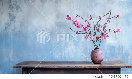 A wooden table holds a vase with pink flowers A wooden table holds a vase with pink flowers 124202177