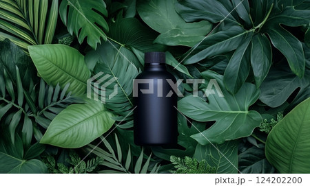Black bottle surrounded by lush green leaves 124202200