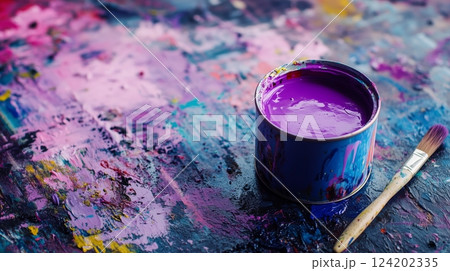 An open can of deep purple paint with a worn brush lying beside it 124202335