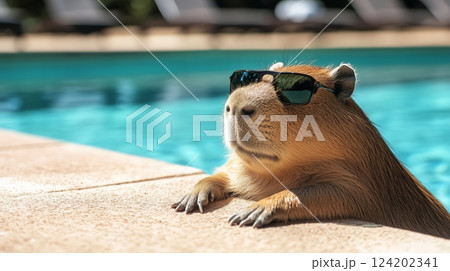 A capybara wearing sunglasses resting beside a swimming pool 124202341