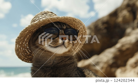 A cat wearing a straw hat and sunglasses is sitting on a beach 124202344
