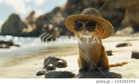 A cat wearing a straw hat and sunglasses is sitting on a beach 124202345