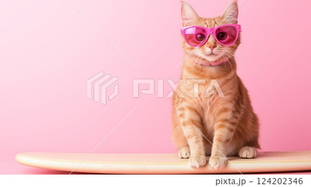 A cool cat with pink sunglasses sits on a surfboard 124202346