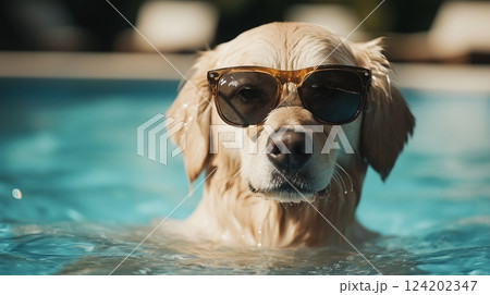A dog is in a pool wearing sunglasses 124202347