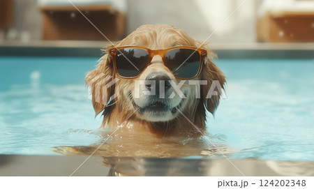 A dog is in a pool wearing sunglasses 124202348