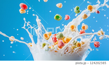 Colorful cereal splashes milk in a vibrant blue backdrop 124202385