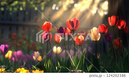 Colorful tulips bloom in a sunlit garden during springtime 124202386