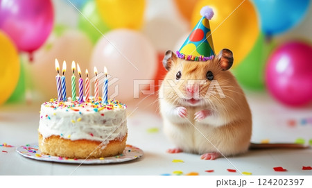 Cute Hamster Wearing a Birthday Hat Next to a Birthday Cake Cute Hamster Wearing a Birthday Hat Next to a Birthday Cake 124202397