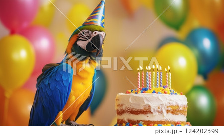Cute Hyacinth Macaw Bird Wearing a Birthday Hat 124202399