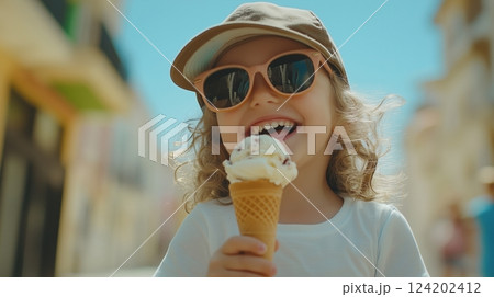 Happy child enjoying an ice cream cone while wearing sunglasses 124202412