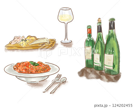 美味しそうなパスタとワイン、チーズのイラストセット 124202455