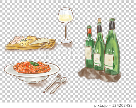 美味しそうなパスタとワイン、チーズのイラストセット 124202455
