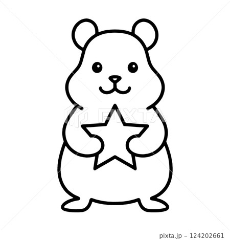星を持っているハムスターのシンプルな黒い線画イラスト 透過背景の