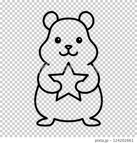 星を持っているハムスターのシンプルな黒い線画イラスト 透過背景の
