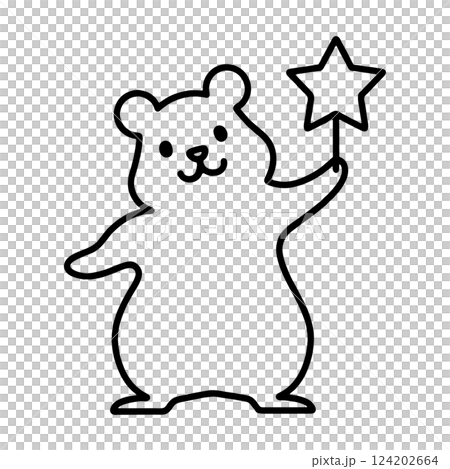 簡單的黑線畫，畫的是一隻倉鼠抱著一顆星星，在透明背景上剪下來 124202664