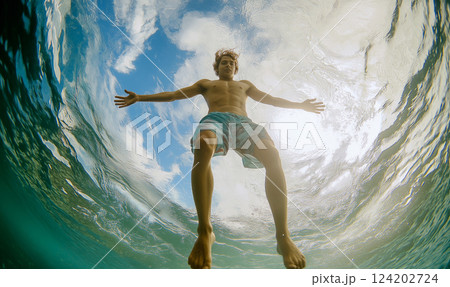 Young man jumping into water. Beach feeling. Shot from below through fish-eye. Immersive POV. 124202724