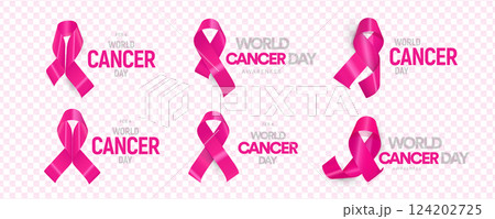 Realistic pink ribbons, cancer awareness and support symbol. Representing hope, prevention, solidarity in fight against breast cancer. Logo for medical campaigns, charity events. Vector illustration Realistic pink ribbons, cancer awareness and support symbol. Representing hope, prevention, solidarity in fight against breast cancer. Logo for medical campaigns, charity events. Vector illustration 124202725