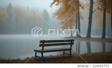 Bench by a Foggy Lake Among Autumn Trees 124202755