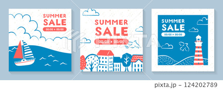 手描きのイラストテンプレートセット_海と建物と灯台_1 手描きのイラストテンプレートセット_海と建物と灯台_1 124202789