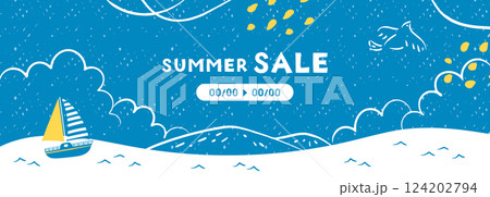 手描きの背景イラスト_海とヨットと鳥_2 手描きの背景イラスト_海とヨットと鳥_2 124202794