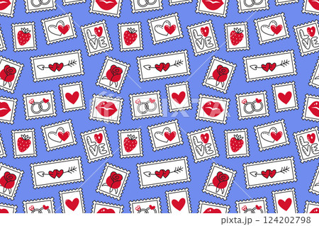 Playful and romantic pattern with postage stamps with various love icons. Doodle style Playful and romantic pattern with postage stamps with various love icons. Doodle style 124202798