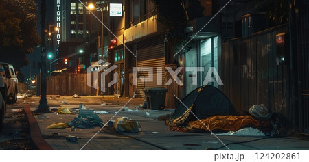 An Urban Alley Filled with Tents and Debris Creates a Gritty and Distressed Environment 124202861