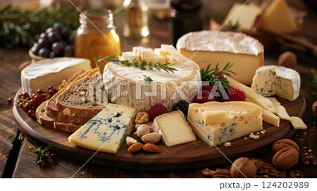 Board featuring a variety of artisan cheeses Board featuring a variety of artisan cheeses 124202989