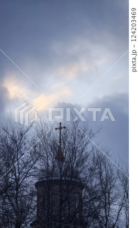 Blue sky with clouds, winter weather. Clouds on the background of trees. 124203469