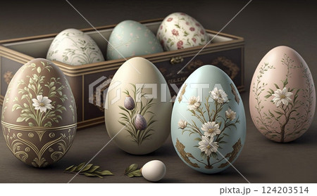 Easter eggs painted with natural herbs and flowers. For banners, card 124203514