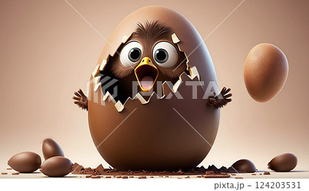 A chick hatching from a giant chocolate egg looking surprised. Holiday concept. 124203531