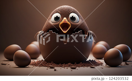 A chick hatching from a giant chocolate egg looking surprised. Holiday concept. 124203532