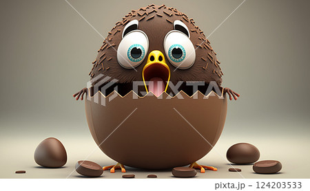 A chick hatching from a giant chocolate egg looking surprised. Holiday concept. 124203533