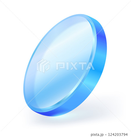 Blue circle crystal glass button material. Blank application icon glass panel or acrylic with reflection isolated on white background. 3D vector illustration. Blue circle crystal glass button material. Blank application icon glass panel or acrylic with reflection isolated on white background. 3D vector illustration. 124203794