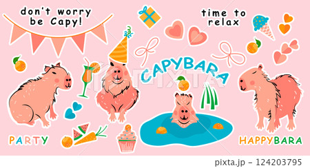 Capybara party sticker design set. Cartoon character pretty animal with hearts, cupcake, drink, ice cream, present, party hat, ribbon coquette, orange, carrot, watermelons. Funny trendy for children's 124203795
