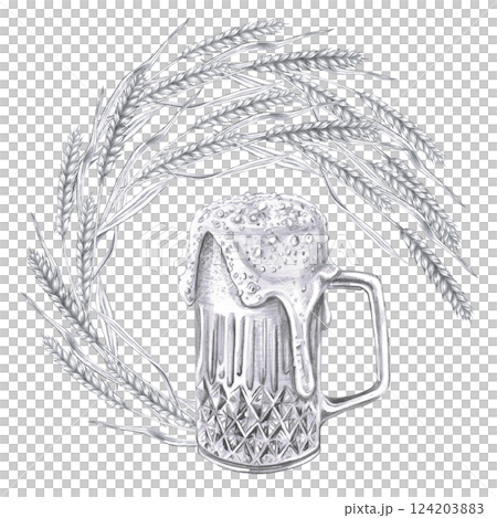 Curved ears of barley with a large beer mug. Isolated pencil illustration in a realistic style for interior design of pubs, restaurants, cookbooks, menus 124203883