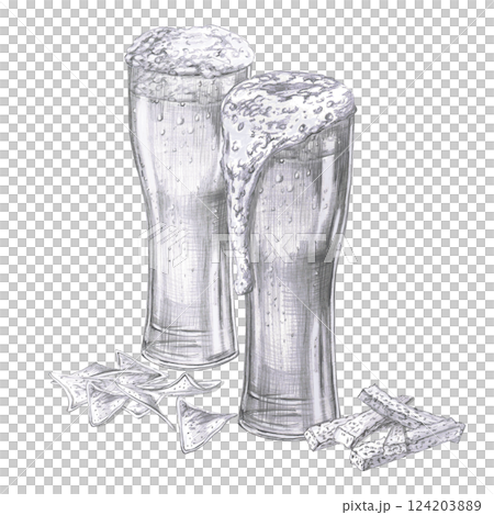 Two beer glasses with chips and crackers. Isolated pencil illustration of snack in realistic style for restaurant menu design, beer festival, packaging, bar interior Two beer glasses with chips and crackers. Isolated pencil illustration of snack in realistic style for restaurant menu design, beer festival, packaging, bar interior 124203889