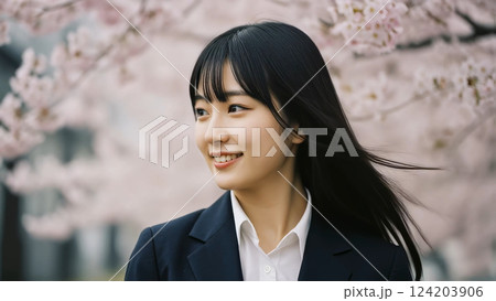 満開の桜の下、新入社員の髪がなびく 満開の桜の下、新入社員の髪がなびく 124203906