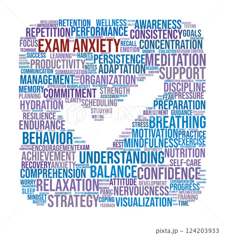 Exam Anxiety Word Cloud. Key Strategies for Managing Stress and Improving Performance Exam Anxiety Word Cloud. Key Strategies for Managing Stress and Improving Performance 124203933