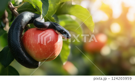 large black snake coiled around red apple on tree branch in sunlight large black snake coiled around red apple on tree branch in sunlight 124203959