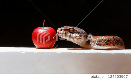 snake curiously approaches red apple on white surface, evoking sense of temptation 124203967