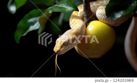 golden snake coiled on tree branch with yellow apple, surrounded by green leaves 124203969